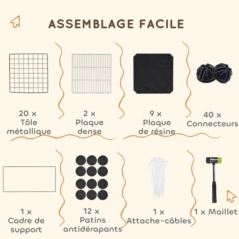 Enclos modulable pour rongeurs 140 x 70 x 52 cm montage facile sécurité avec cabane surélevée design épuré en acier noir 21_0007996