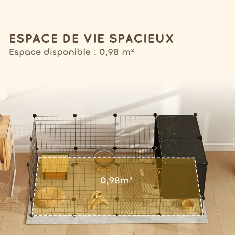 Enclos modulable pour rongeurs 140 x 70 x 52 cm montage facile sécurité avec cabane surélevée design épuré en acier noir 21_0007996