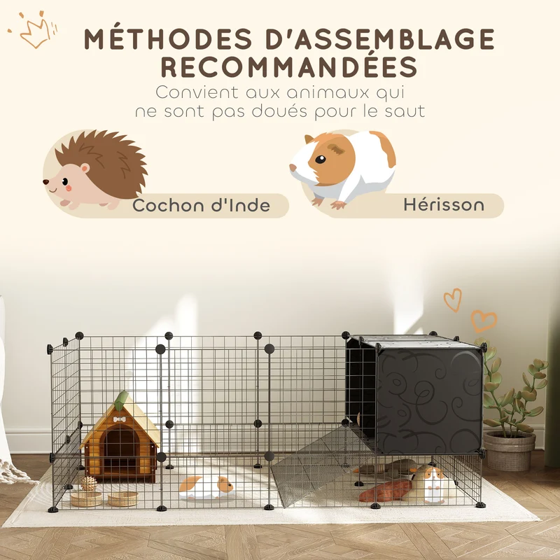 Enclos modulable pour rongeurs 140 x 70 x 52 cm montage facile sécurité avec cabane surélevée design épuré en acier noir 21_0007996