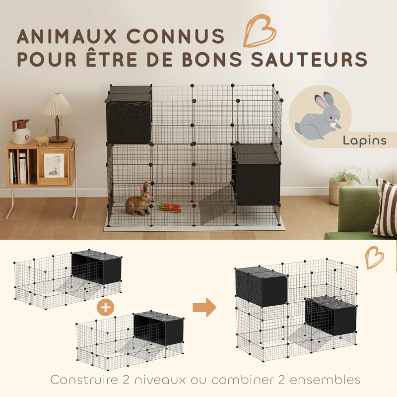Enclos modulable pour rongeurs 140 x 70 x 52 cm montage facile sécurité avec cabane surélevée design épuré en acier noir 21_0007996