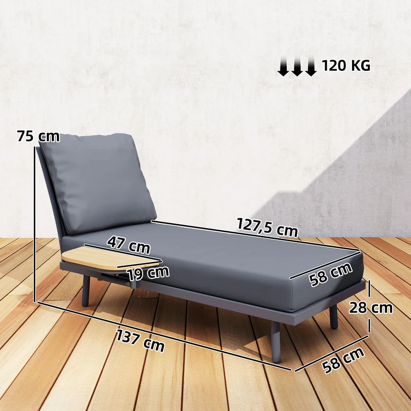 Chaise longue de jardin 58 x 137 x 75 cm coussins lavables étagère latérale confort extérieur contemporain en oléfine gris 21_0005723