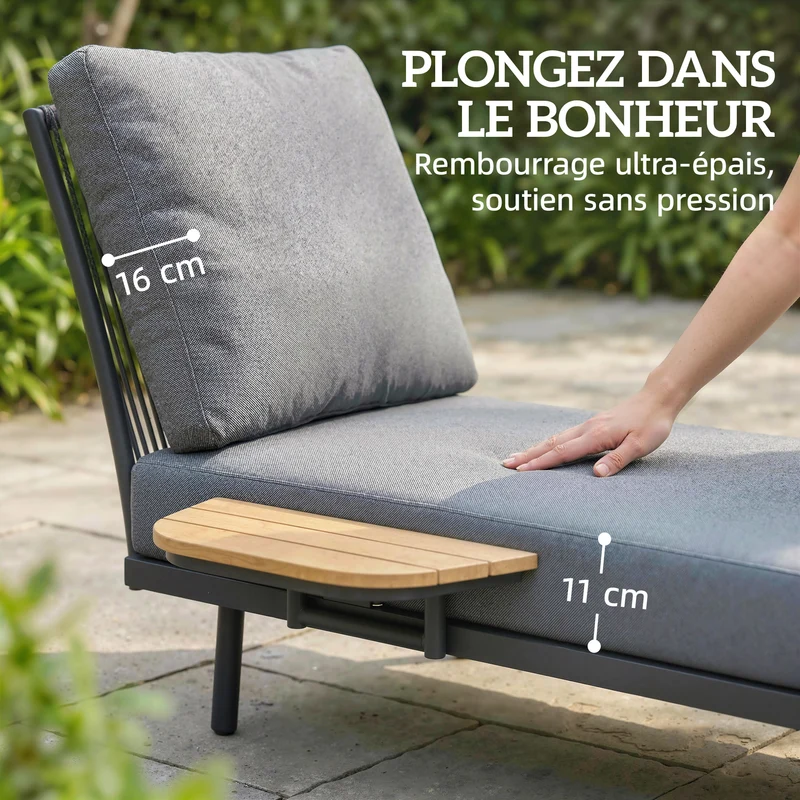 Chaise longue de jardin 58 x 137 x 75 cm coussins lavables étagère latérale confort extérieur contemporain en oléfine gris 21_0005723
