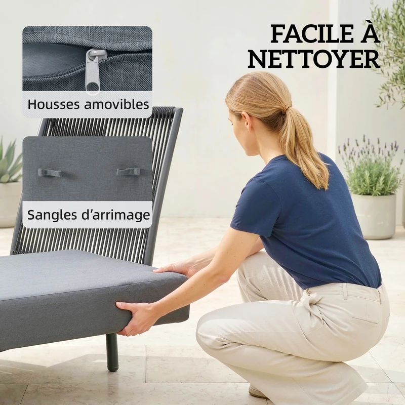 Chaise longue de jardin 58 x 137 x 75 cm coussins lavables étagère latérale confort extérieur contemporain en oléfine gris 21_0005723