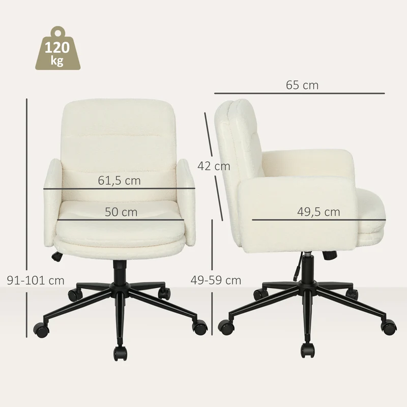 Chaise de bureau ergonomique 61,5 x 65 x 91-101 cm assise rembourrée bascule pivotante scandinave design en tissu crème 21_0006308