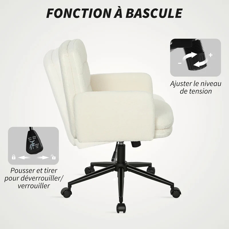 Chaise de bureau ergonomique 61,5 x 65 x 91-101 cm assise rembourrée bascule pivotante scandinave design en tissu crème 21_0006308