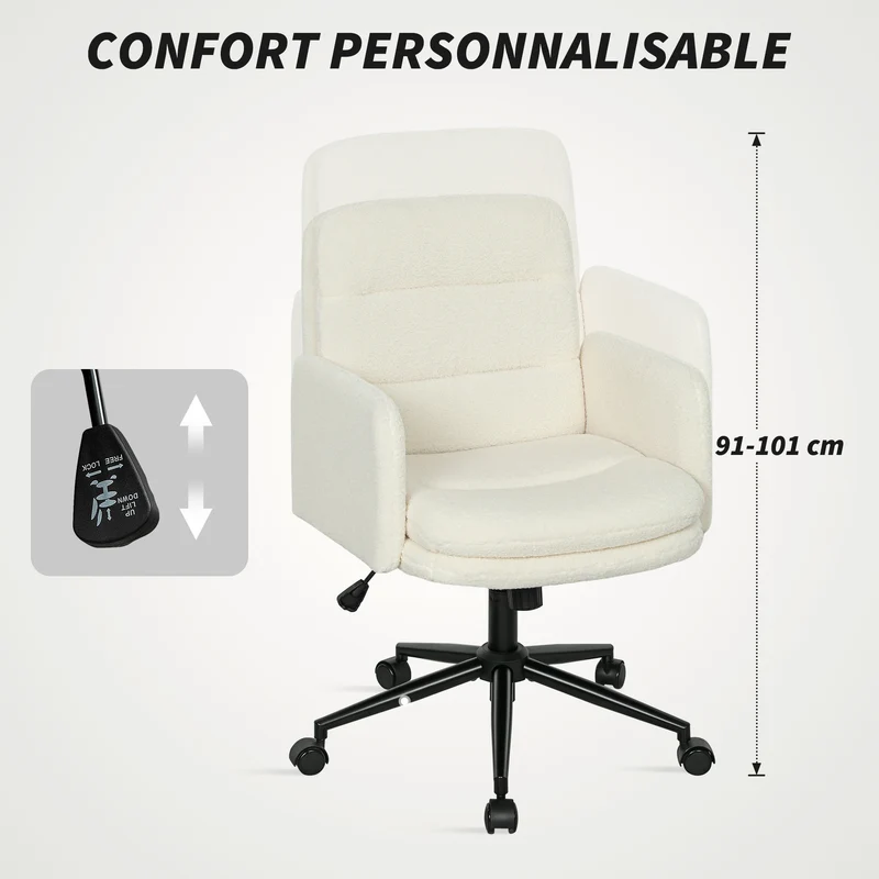 Chaise de bureau ergonomique 61,5 x 65 x 91-101 cm assise rembourrée bascule pivotante scandinave design en tissu crème 21_0006308