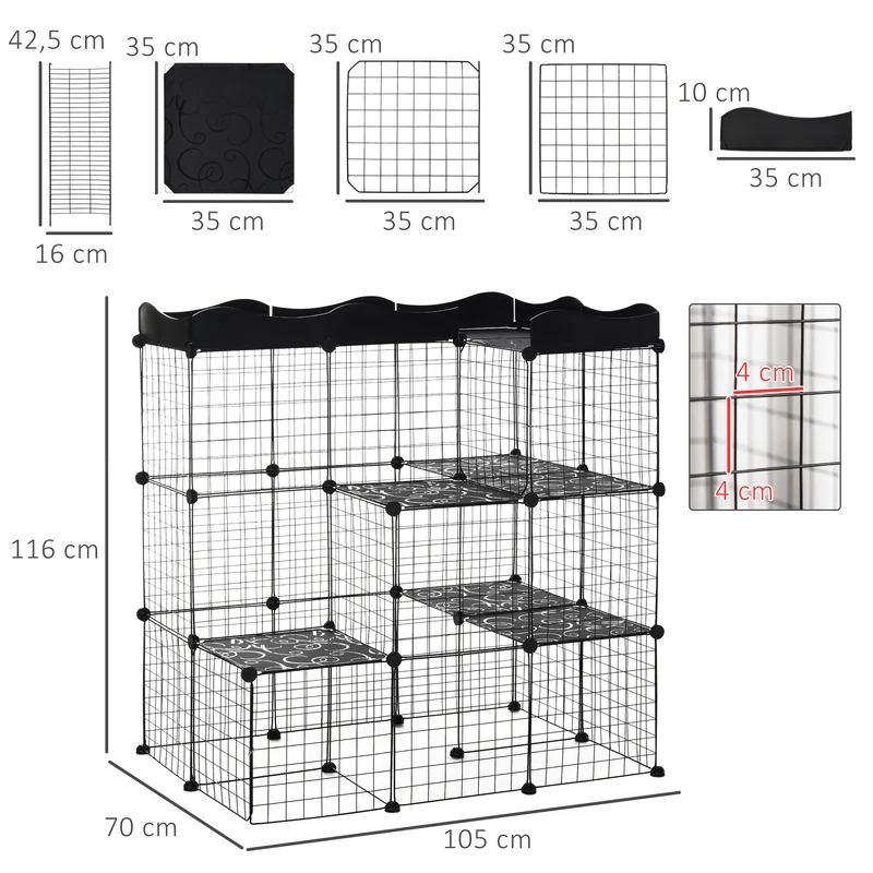 Cage parc enclos pour petits animaux modulable 105 x 70 x 116 cm sécurité et ventilation maillage moderne en métal noir 21_0007927