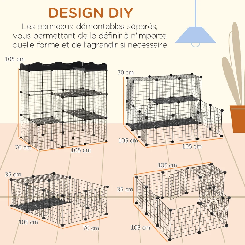 Cage parc enclos pour petits animaux modulable 105 x 70 x 116 cm sécurité et ventilation maillage moderne en métal noir 21_0007927