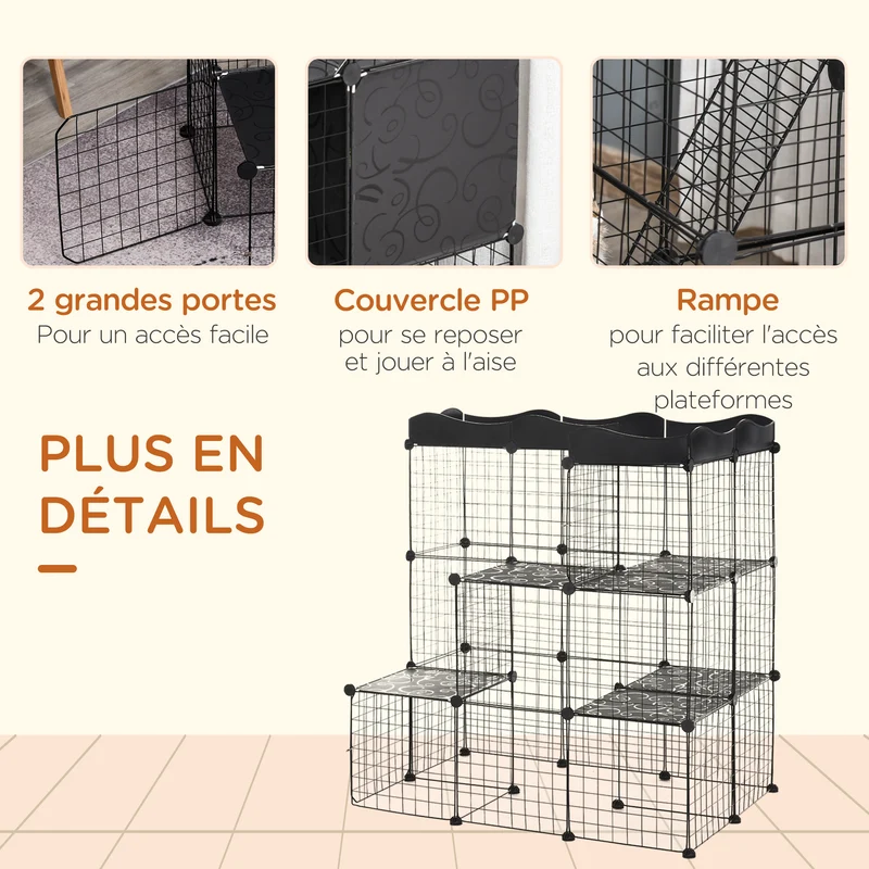 Cage parc enclos pour petits animaux modulable 105 x 70 x 116 cm sécurité et ventilation maillage moderne en métal noir 21_0007927
