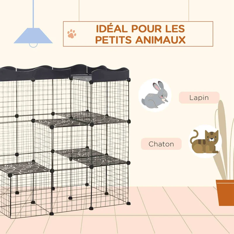 Cage parc enclos pour petits animaux modulable 105 x 70 x 116 cm sécurité et ventilation maillage moderne en métal noir 21_0007927