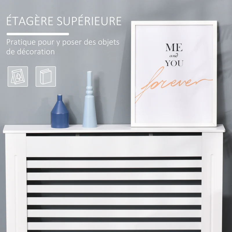 Cache-radiateur à lattes horizontales salon 112 x 19 x 81 cm étagère aération contemporain épuré fini mat en MDF blanc 21_0001102