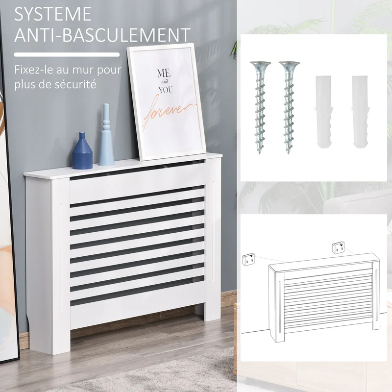 Cache-radiateur à lattes horizontales salon 112 x 19 x 81 cm étagère aération contemporain épuré fini mat en MDF blanc 21_0001102