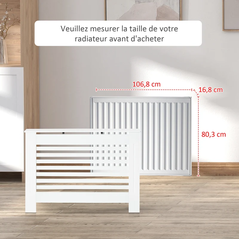 Cache-radiateur à lattes horizontales salon 112 x 19 x 81 cm étagère aération contemporain épuré fini mat en MDF blanc 21_0001102