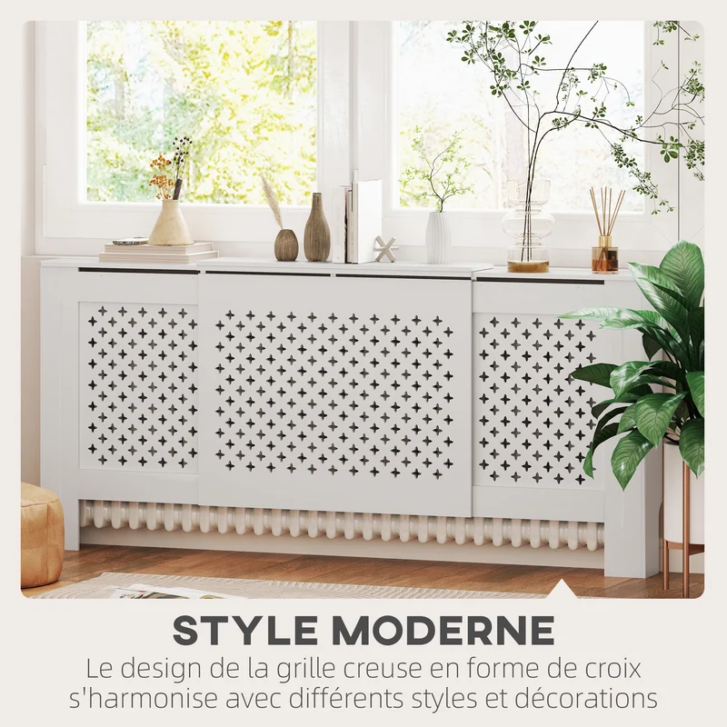Cache-radiateur extensible 136-200 x 21.5 x 91.7 cm protection et surface d'exposition contemporain épuré en MDF blanc 21_0001140