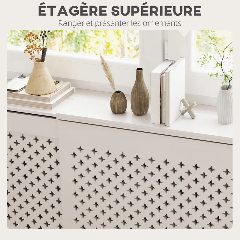 Cache-radiateur extensible 136-200 x 21.5 x 91.7 cm protection et surface d'exposition contemporain épuré en MDF blanc 21_0001140