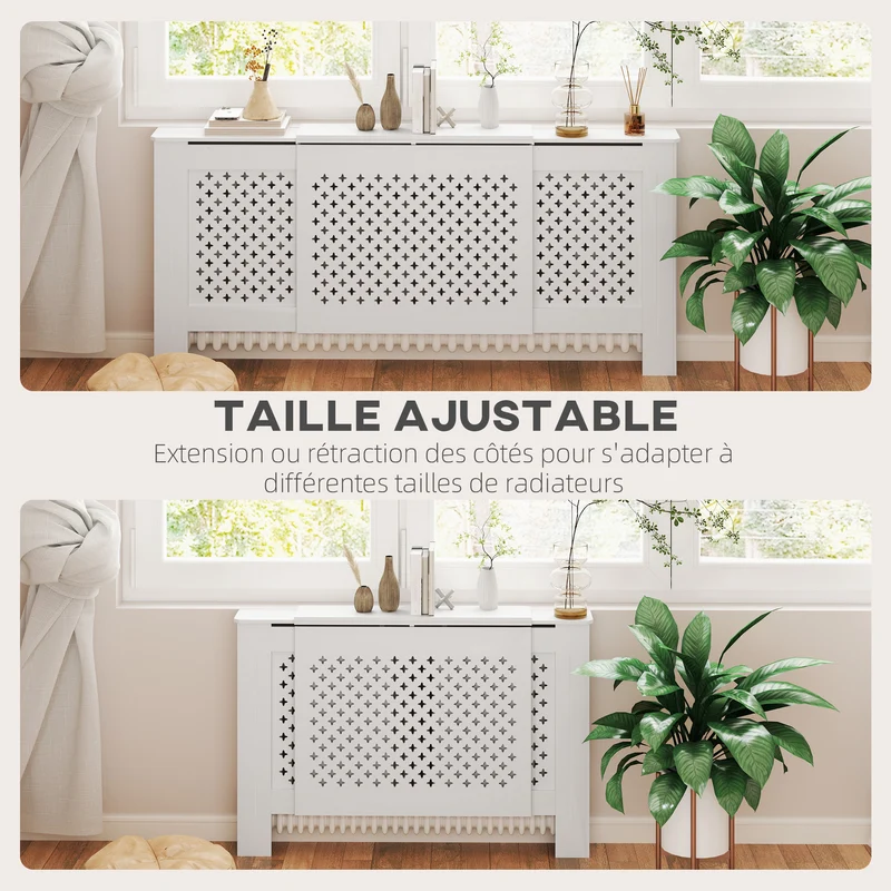 Cache-radiateur extensible 136-200 x 21.5 x 91.7 cm protection et surface d'exposition contemporain épuré en MDF blanc 21_0001140