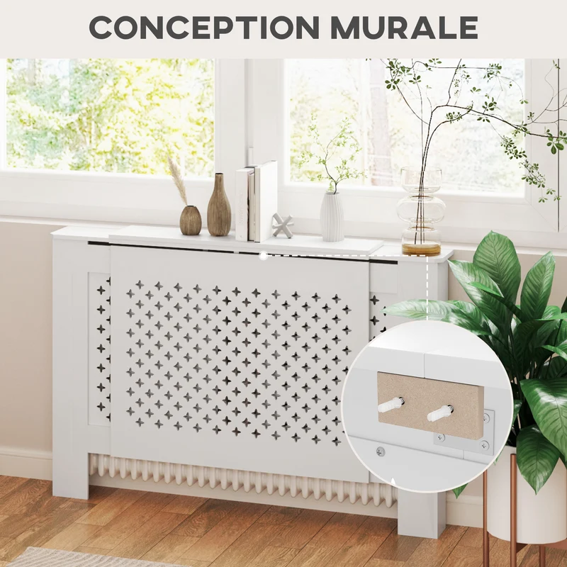 Cache-radiateur extensible 136-200 x 21.5 x 91.7 cm protection et surface d'exposition contemporain épuré en MDF blanc 21_0001140
