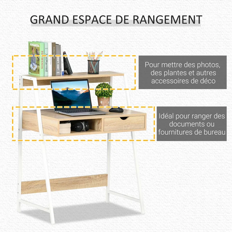 Bureau secrétaire informatique 80 x 50 x 100 cm rangements pratiques contemporain design en bois d'ingénierie chêne clair 21_0002471