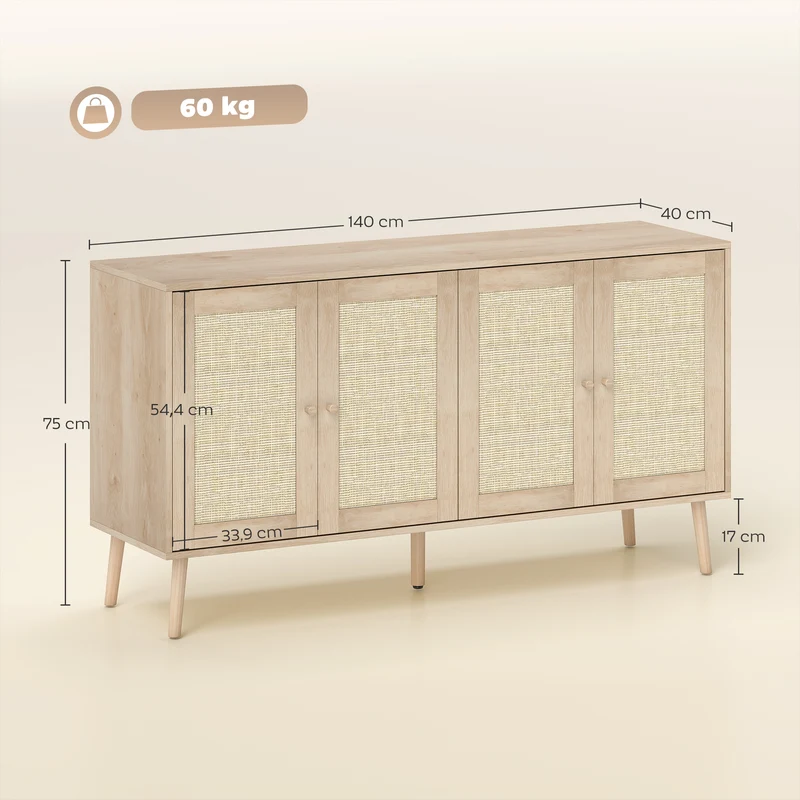 Buffet salon 140 x 40 x 75 cm portes en cannage étagères réglables scandinave en panneau de particules bois naturel 21_0003449