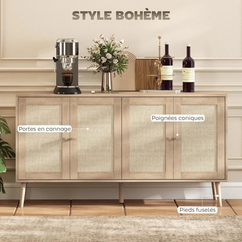 Buffet salon 140 x 40 x 75 cm portes en cannage étagères réglables scandinave en panneau de particules bois naturel 21_0003449