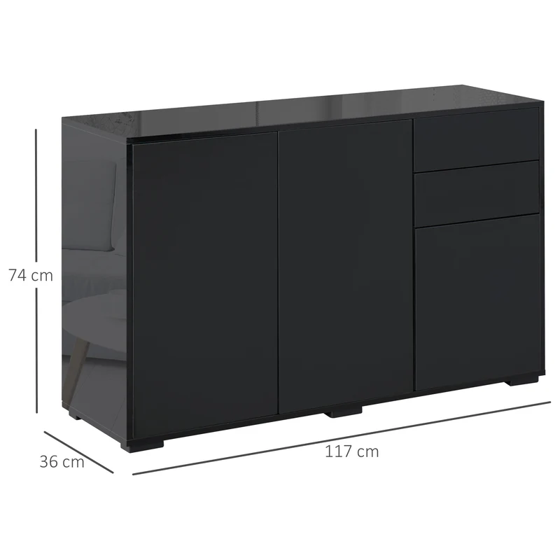 Buffet de rangement 117 x 36 x 74 cm 2 tiroirs 2 portes ouverture à impulsion contemporain en panneaux de particules noir 21_0002828