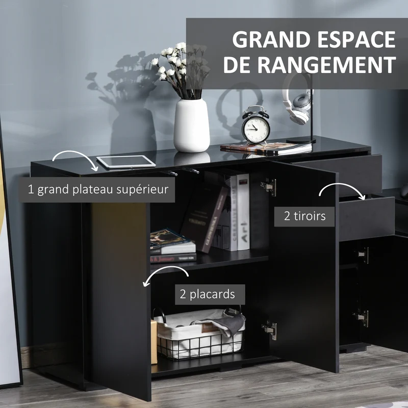 Buffet de rangement 117 x 36 x 74 cm 2 tiroirs 2 portes ouverture à impulsion contemporain en panneaux de particules noir 21_0002828