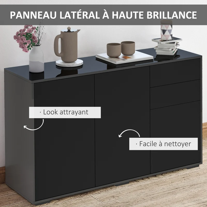 Buffet de rangement 117 x 36 x 74 cm 2 tiroirs 2 portes ouverture à impulsion contemporain en panneaux de particules noir 21_0002828