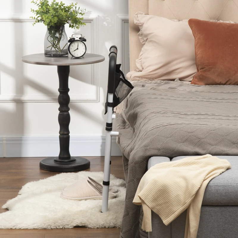 Barre d'appui lit sur pieds 85-95 x 52 x 71-102 cm protection réglable 5 hauteurs pochette rangement épuré en acier blanc 21_0000890