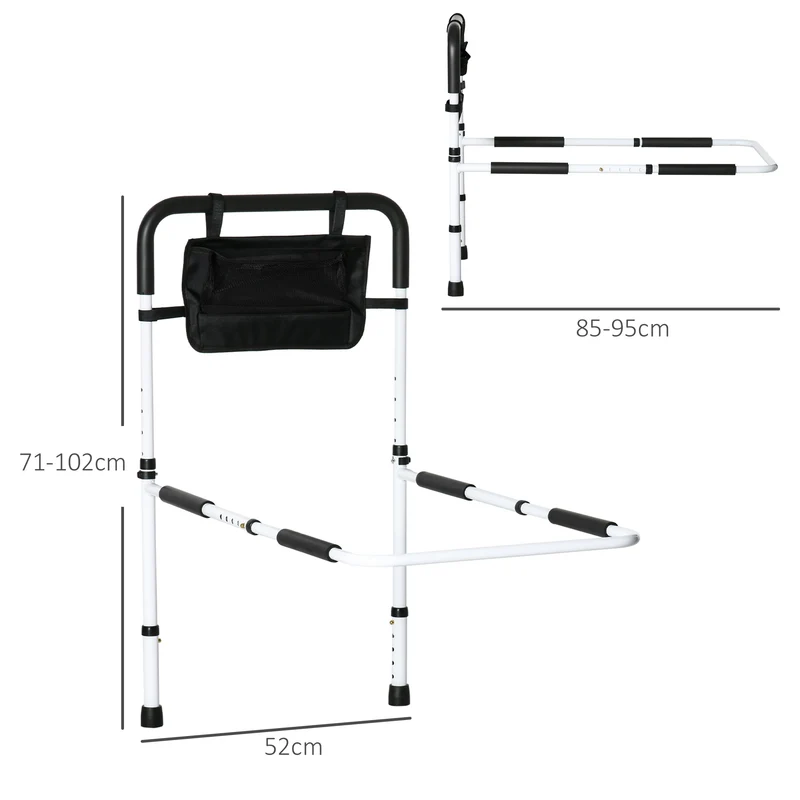 Barre d'appui lit sur pieds 85-95 x 52 x 71-102 cm protection réglable 5 hauteurs pochette rangement épuré en acier blanc 21_0000890