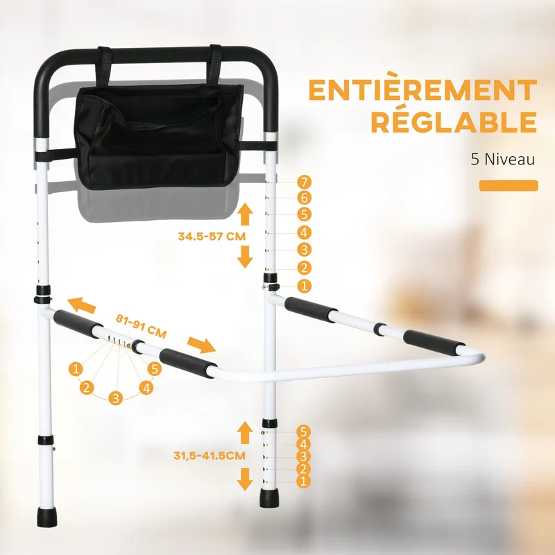 Barre d'appui lit sur pieds 85-95 x 52 x 71-102 cm protection réglable 5 hauteurs pochette rangement épuré en acier blanc 21_0000890
