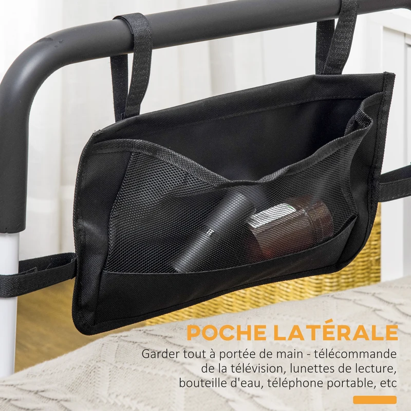 Barre d'appui lit sur pieds 85-95 x 52 x 71-102 cm protection réglable 5 hauteurs pochette rangement épuré en acier blanc 21_0000890