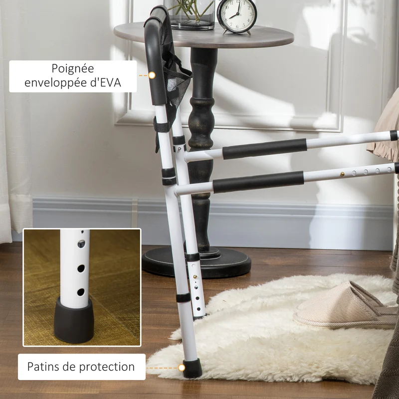 Barre d'appui lit sur pieds 85-95 x 52 x 71-102 cm protection réglable 5 hauteurs pochette rangement épuré en acier blanc 21_0000890