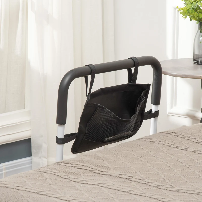 Barre d'appui lit sur pieds 85-95 x 52 x 71-102 cm protection réglable 5 hauteurs pochette rangement épuré en acier blanc 21_0000890