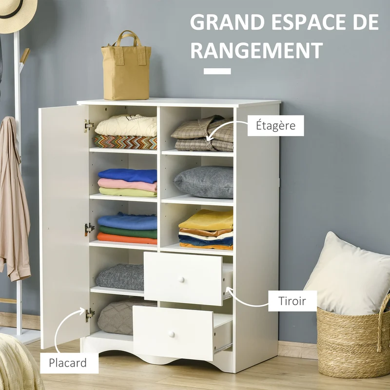 Armoire rangement chambre 85.7 x 49.2 x 123.8 cm 2 tiroirs 3 niches moderne épuré utile en panneau de particules blanc 21_0002840
