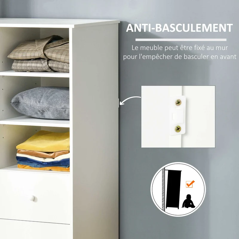 Armoire rangement chambre 85.7 x 49.2 x 123.8 cm 2 tiroirs 3 niches moderne épuré utile en panneau de particules blanc 21_0002840