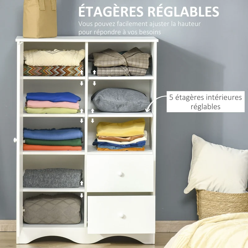 Armoire rangement chambre 85.7 x 49.2 x 123.8 cm 2 tiroirs 3 niches moderne épuré utile en panneau de particules blanc 21_0002840