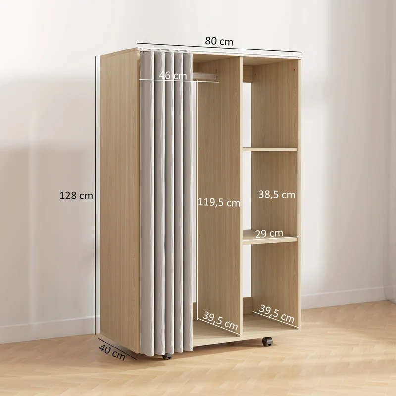 Armoire penderie sur roulettes 80 x 40 x 128 cm protection poussière scandinave en panneau de particules bois naturel 21_0001651