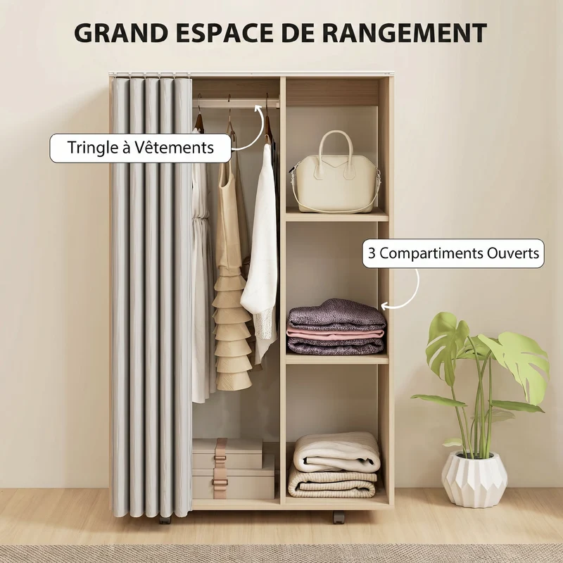 Armoire penderie sur roulettes 80 x 40 x 128 cm protection poussière scandinave en panneau de particules bois naturel 21_0001651