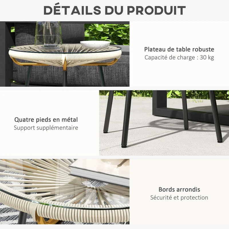Table basse ronde de jardin 50 x 50 cm plateau verre trempé entretien facile style scandinave cosy et en résine crème 21_0006051