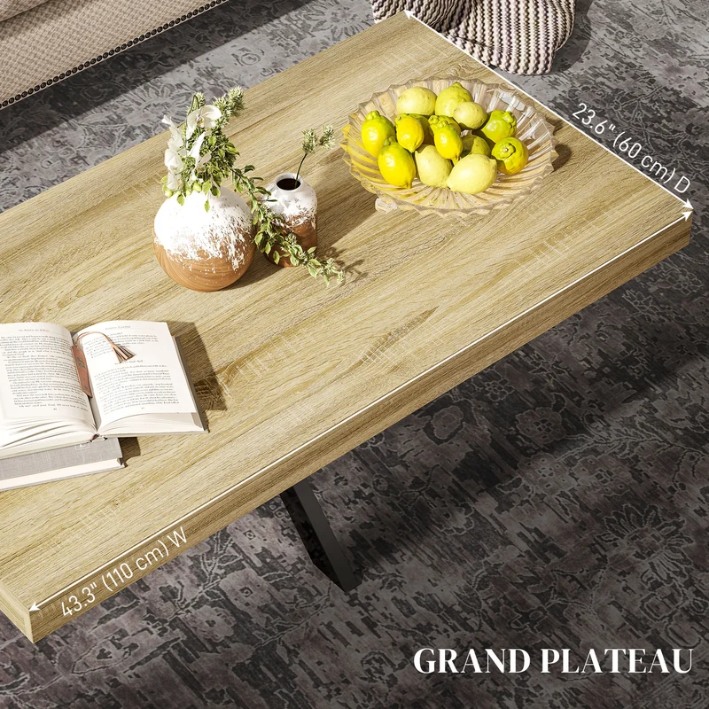 Table basse rectangulaire salon 110 x 60 x 45 cm grand plateau stable industriel en panneau de particules bois naturel 21_0003186