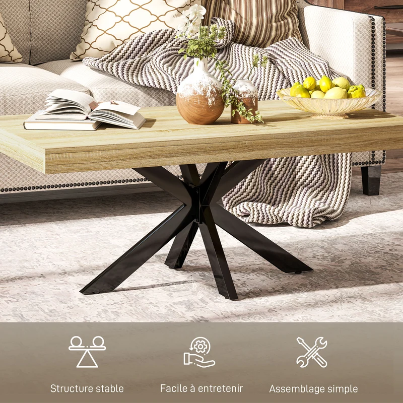 Table basse rectangulaire salon 110 x 60 x 45 cm grand plateau stable industriel en panneau de particules bois naturel 21_0003186