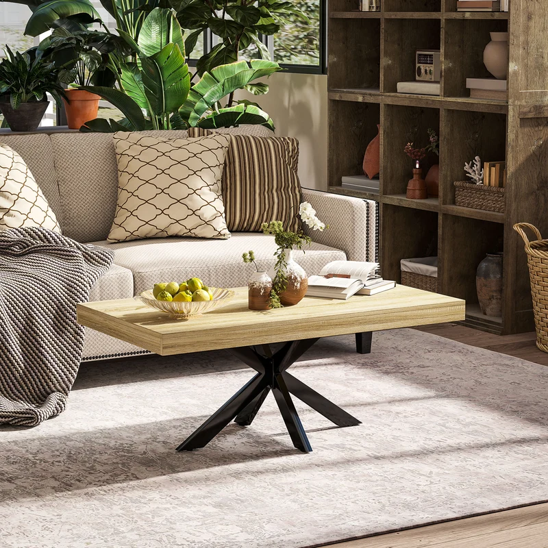 Table basse rectangulaire salon 110 x 60 x 45 cm grand plateau stable industriel en panneau de particules bois naturel 21_0003186