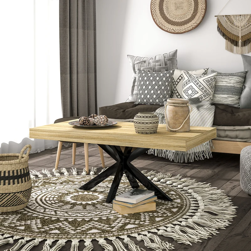 Table basse rectangulaire salon 110 x 60 x 45 cm grand plateau stable industriel en panneau de particules bois naturel 21_0003186