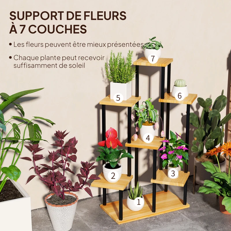 Support à plantes 7 niveaux d'angle 87 x 61 x 106 cm gain de place pour intérieur extérieur contemporain en bois naturel 21_0005512