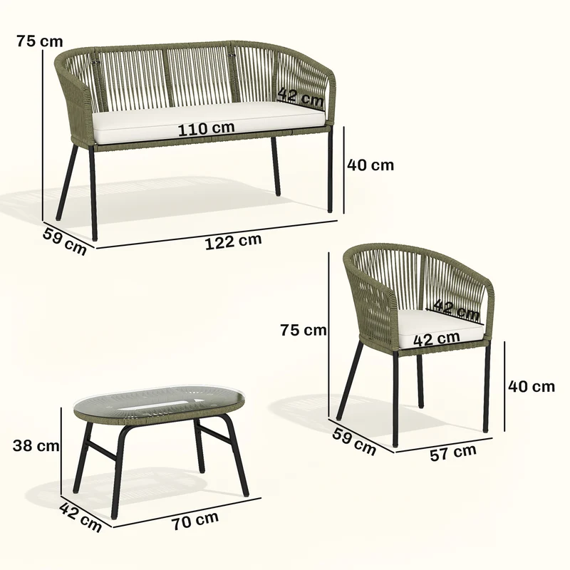 Salon de jardin modulable 4 places 122 x 59 x 75 cm assise moelleuse coussins amovibles lavables moderne en PP crème 21_0005984