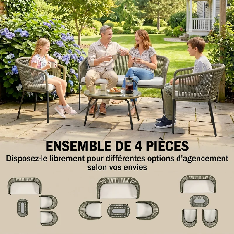 Salon de jardin modulable 4 places 122 x 59 x 75 cm assise moelleuse coussins amovibles lavables moderne en PP crème 21_0005984