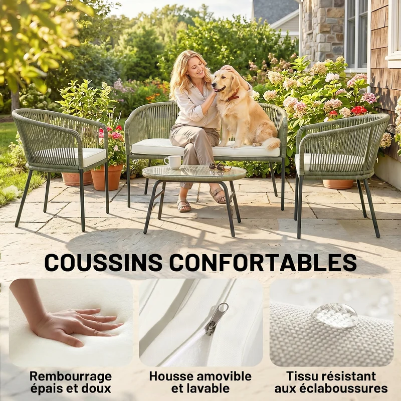 Salon de jardin modulable 4 places 122 x 59 x 75 cm assise moelleuse coussins amovibles lavables moderne en PP crème 21_0005984
