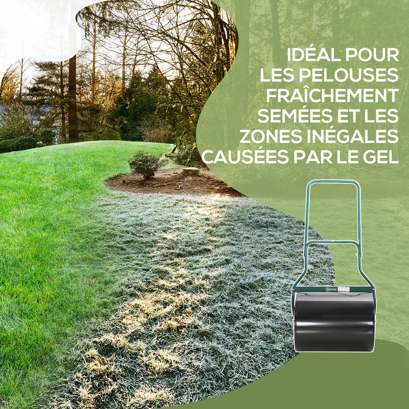 Rouleau à gazon 57 x 40 x 123 cm remplissable 60 l pour niveler pelouse poignée en u démontable moderne en acier noir 21_0004132