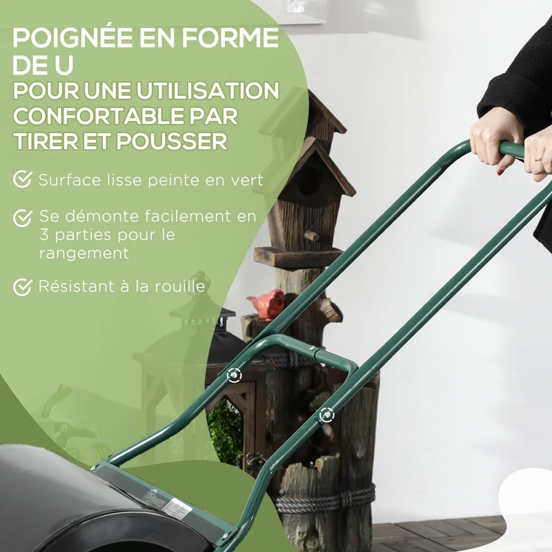 Rouleau à gazon 57 x 40 x 123 cm remplissable 60 l pour niveler pelouse poignée en u démontable moderne en acier noir 21_0004132