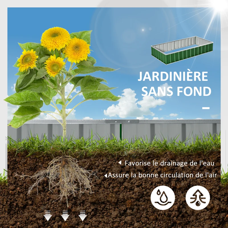 Potager rectangulaire modulable 174 x 90 x 30 cm montage sans outils idéal terrasse moderne en acier galvanisé vert 21_0004268
